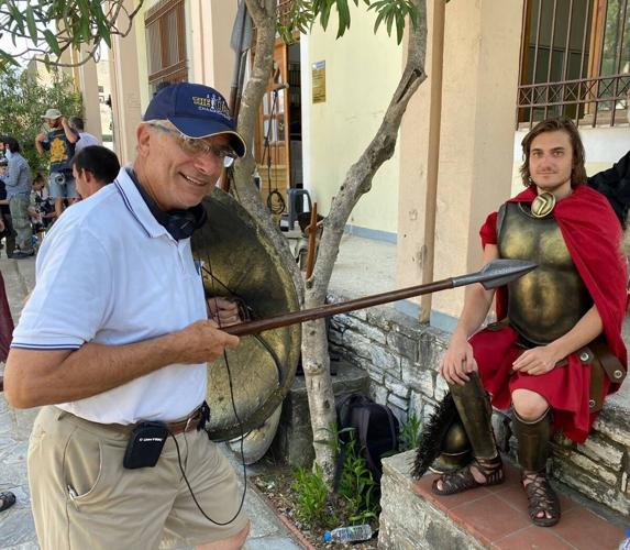 Filmmaker Leonidas G. Demas (left) and his son, Chris, on the set of “A Spartan Dream.” (Courtesy of Odyssey Entertainment)
